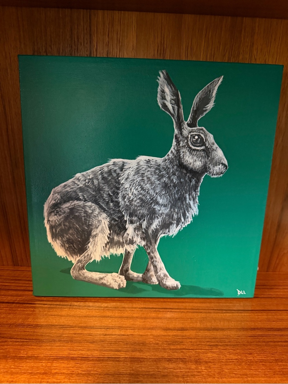 Dallas La Rose Hare Painting on Green Canvas
